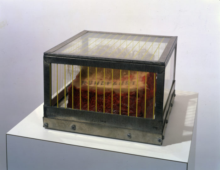 Paul Thek, RUNDFAHRT (1964) from the Technological Reliquaries Series, wood, mirror, wax, paint, resin, hair, metal, glass (with silkscreen)