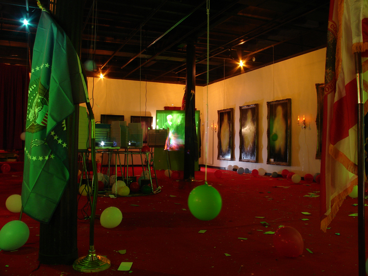 Stephen G. Rhodes, Interregnum Restoration Repetition (Who Farted!!??!??!!!?!), 2008; two channel video, mixed media and voting booths, dimensions variable; installation view, Prospect.1 New Orleans, 2008; courtesy the artist and Galerie Isabella Bortolozzi, Berlin Stephen G. Rhodes, Interregnum Restoration Repetition (Who Farted!!??!??!!!?!), 2008; two channel video, mixed media and voting booths, dimensions variable; installation view, Prospect.1 New Orleans, 2008; courtesy the artist and Galerie Isabella Bortolozzi, Berlin