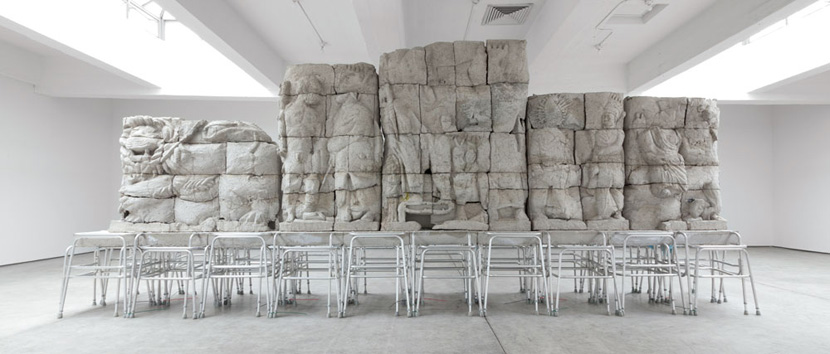 Justin Matherly, Handbook of inner culture for external barbarians (we nah beg no friend), 2013; concrete and ambulatory equipment; 295 x 45 x 121 in. (749.3 x 114.3 x 307.3 cm.); courtesy Paula Cooper Gallery Justin Matherly, Handbook of inner culture for external barbarians (we nah beg no friend), 2013; concrete and ambulatory equipment; 295 x 45 x 121 in. (749.3 x 114.3 x 307.3 cm.); courtesy Paula Cooper Gallery