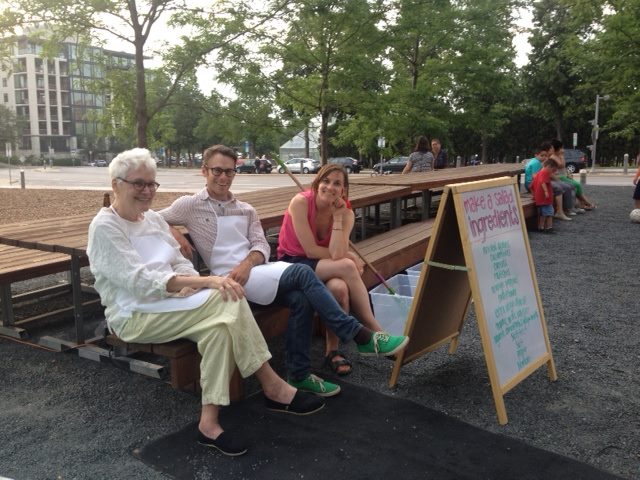 From L to R: Alison Knowles, Chris Kallmyer, Natalie Harren. Taken during Knowles' "Make a Salad" performance at the Walker Art Center, 2014.