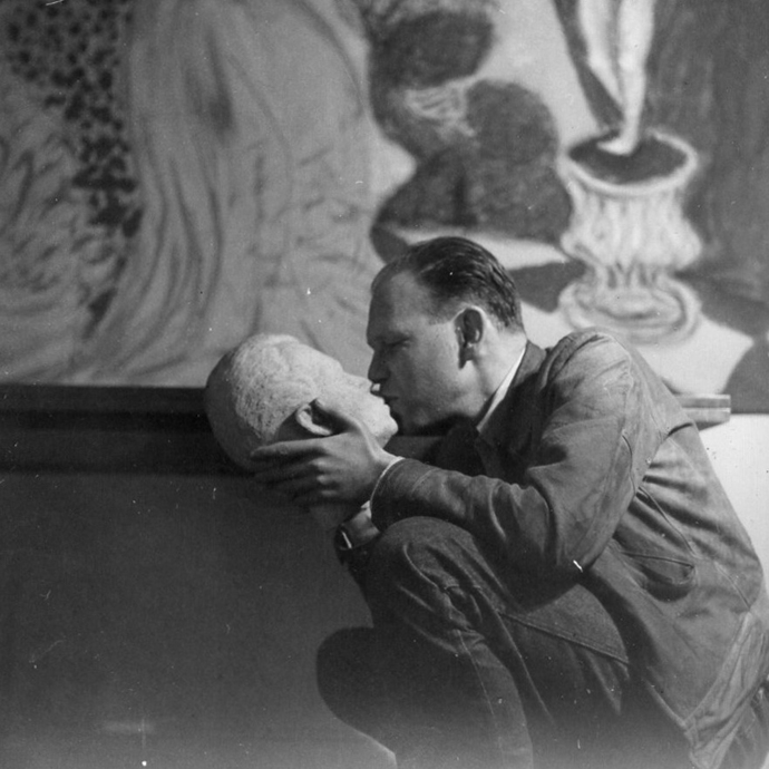 Jack Spicer with the "Head of Spicer" at Robin Blaser's apartment, late 1950s. Photo by Robert Berg; courtesy of Kevin Killian. Jack Spicer with the "Head of Spicer" at Robin Blaser's apartment, late 1950s. Photo by Robert Berg; courtesy of Kevin Killian.