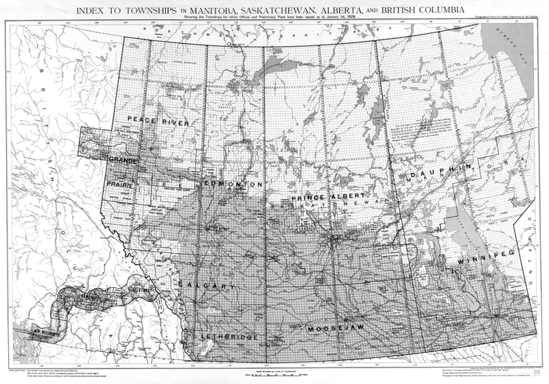 Index to townships in Manitoba, Saskatchewan, Alberta and British Columbia showing the townships for which official and preliminary plans have been issued up to January 1st, 1929. Topographical Survey of Canada, Department of the Interior. Compiled, drawn and printed by the Topographical Survey of Canada, Ottawa. Credit: Library and Archives Canada.