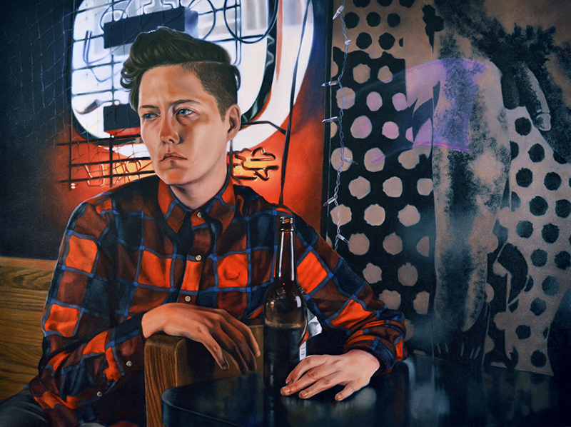 Amanda Kirkhuff, Lesbian In A Gay Bar, 2016; oil on canvas, 57" x 43".