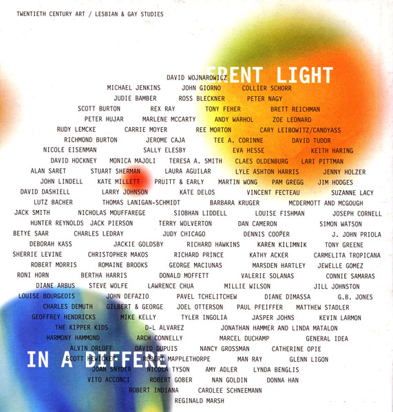 In a Different Light catalogue back cover with constellation of artist names. Co-organizers, artist Nayland Blake and curator Lawrence Rinder.