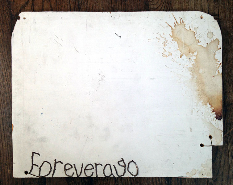 Alicia McCarthy, Foreverago, 2004; nails and stains on panel, 18 x 22 in. Courtesy of the artist.