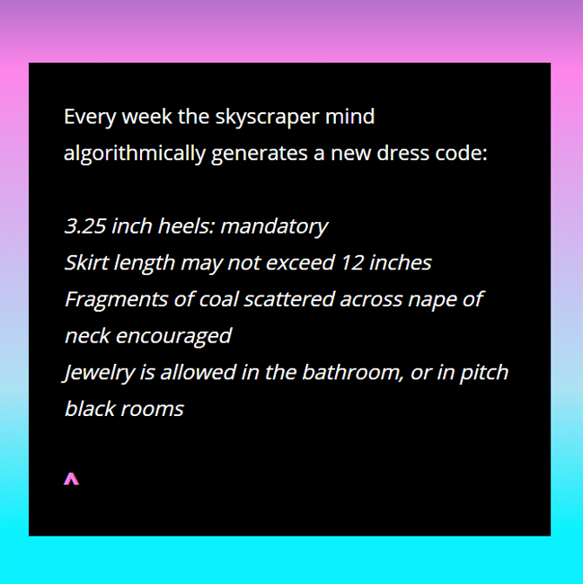 A screenshot from Miniskirt World Network: Business Slut Online. Courtesy Porpentine.