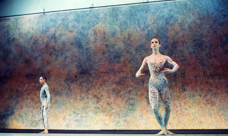 Carolyn Brown and Merce Cunningham performing <em>Summerspace</em> with backdrop and costumes by Robert Rauschenberg; Brooklyn Academy of Music, 1970. Photo: James Klosty.