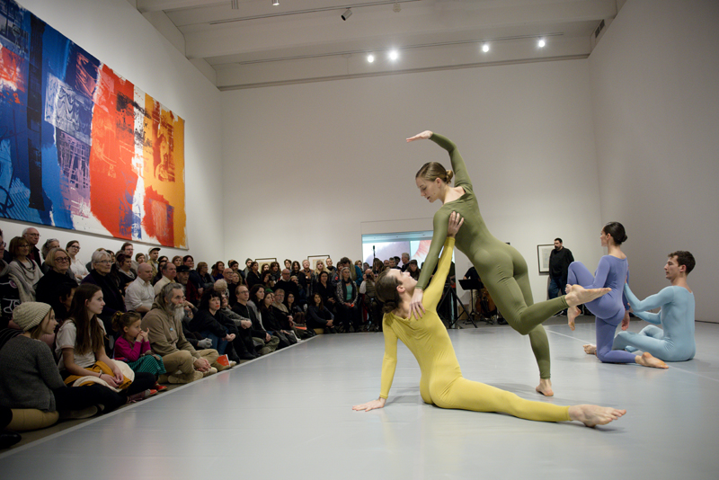 Silas Reiner, Jamie Scott, Melissa Toogood and Dylan Crossman (left to right) performing Walker Cunningham Event. February 2017. Walker Art Center, Minneapolis. Photo: Gene Pittman.