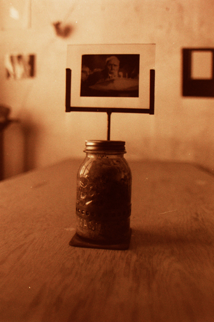 Jar with a slice of cake from Mr. Gordon’s ninety-fifth birthday. Daniel Gordon was the last tenant at 500 Capp Street and maintained a close relation to David Ireland after he moved out of the house on Capp street; photo: David Ireland; image courtesy of The 500 Capp Street Foundation.