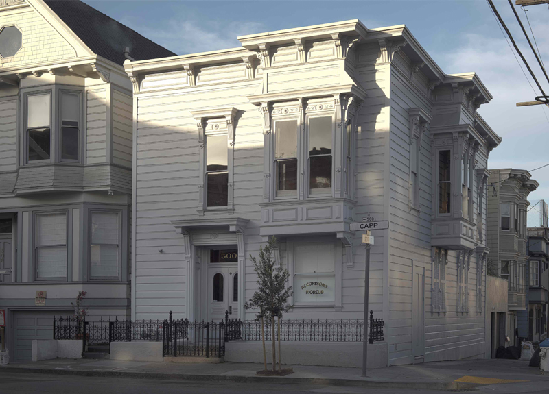 Exterior view of The David Ireland House after undergoing structural renovations, 2015; photo: Henrik Kam; image courtesy of The 500 Capp Street Foundation.