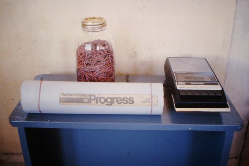 Tape recorder, newspaper and jar with rubber bands, c.1977; photo: David Ireland; image courtesy of The 500 Capp Street Foundation.