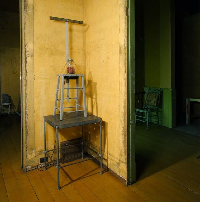 David Ireland, Rubber Band Collection with Sound Accompaniment (1977), 1986; rubber bands, glass jar, wire, wood stool, wood molding, tape recorder, and earphones; 54 ½ x 20 ½ x 13 ½ inches; photo: Joe Schopplein; image courtesy of The 500 Capp Street Foundation.