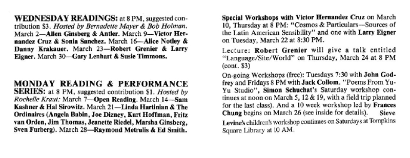 The event listing for Robert Grenier and Larry Eigner's trip to the Poetry Project, from <em>The Poetry Project Newsletter</em>, #97 (March 1983).