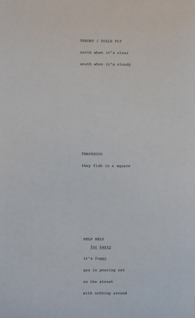 Page from the original A Day at the Beach, including a poem ("HELP HELP") for Larry Eigner. © Robert Grenier; photo courtesy of Paul Stephens.