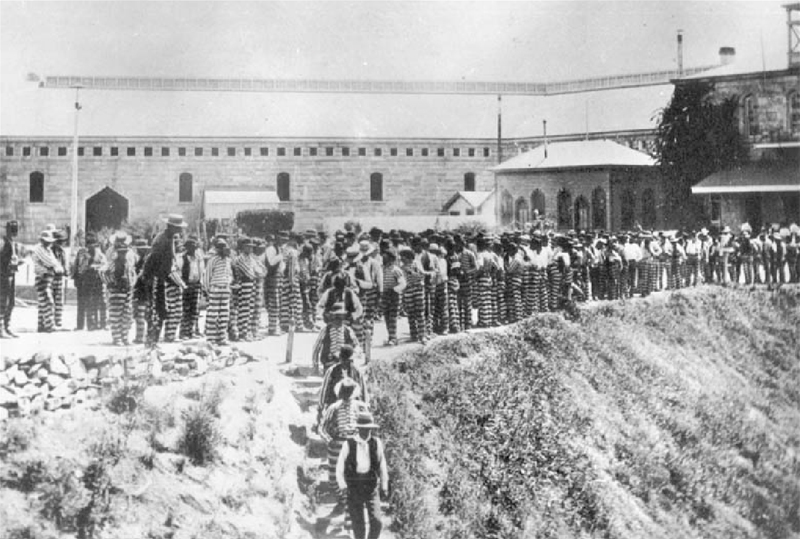 Folsom Prison prisoners filing down to a rock quarry for work, 1918. Source: Jim Brown, Folsom Prison (New York: Arcadia Publishing, 2008).