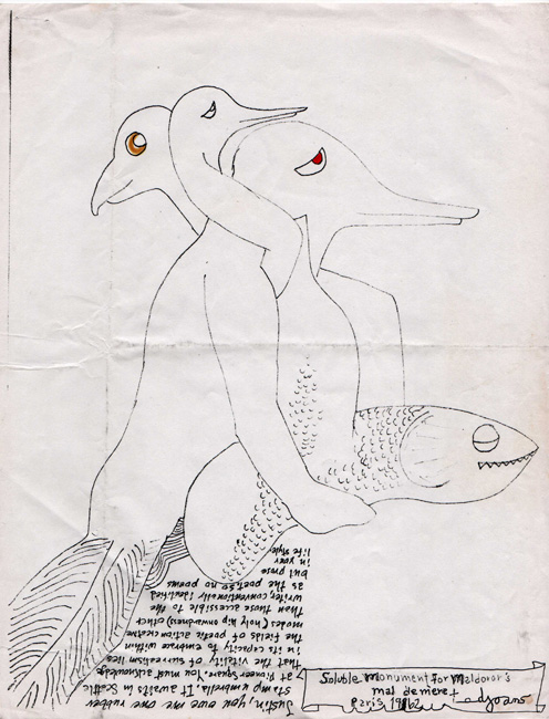Letter from Ted Joans to Justin Desmangles, 1997, with drawing Soluble Monument for Maldoror’s mal de mere Paris, 1962; 8 ½ x 11 inches, ink and colored pencil.