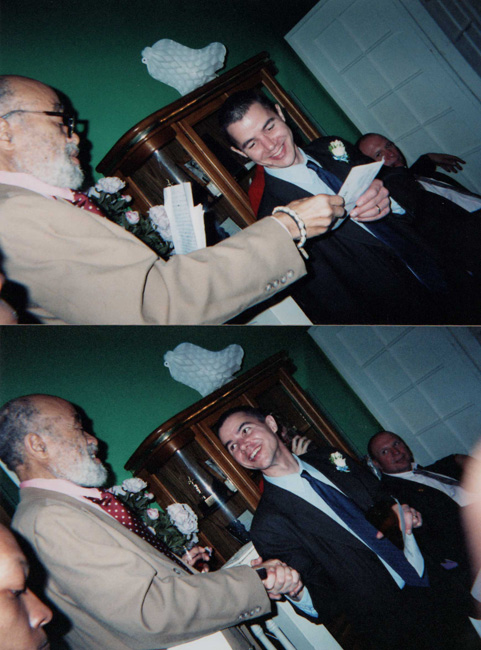 Ted Joans and Justin Desmangles, wedding reception, San Francisco, 2002. Photo by Michael Young.