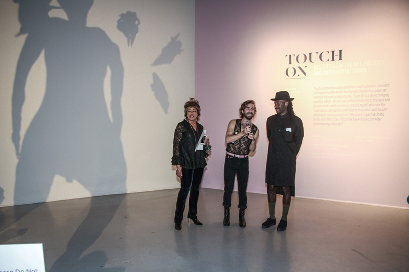 SOMArts director Maria Jensen, James Fleming, and Kelly Lovemonster at the Touch On opening reception, December 1, 2016. Photo: Kelly Wu.