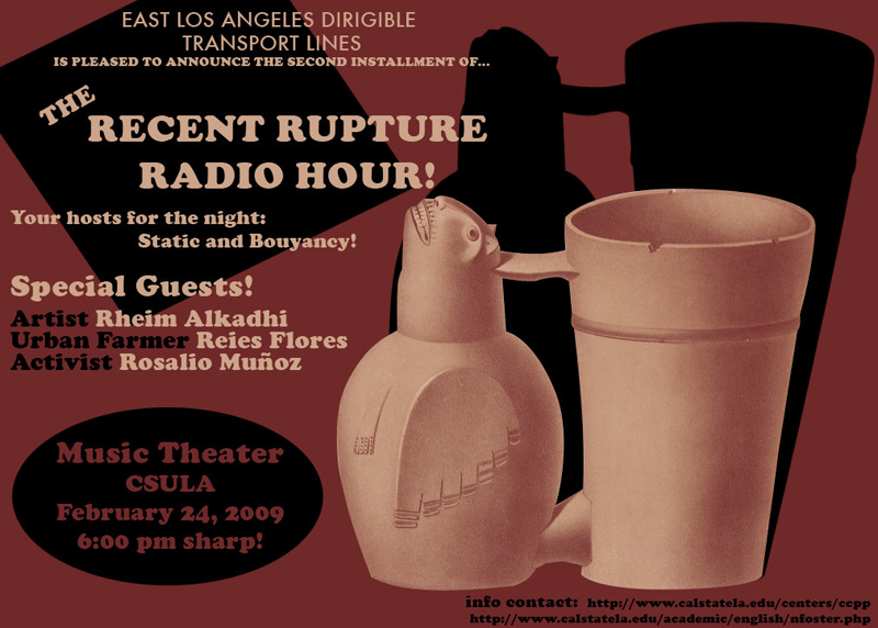 Arturo Ernesto Romo, performance flyer for the Recent Rupture Radio Hour, 2009, California State University at Los Angeles.