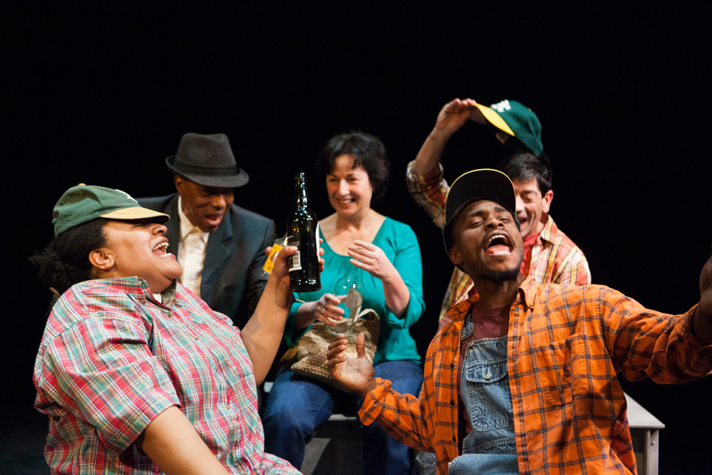 Left to right: Indiia Wilmott, Norman Gee, Jeri Lynn Cohen, Gendell Hernández, Ryan Williams French. "Good times in the Chevy Corsair" from Word for Word's Lucia Berlin: Stories. Photo: Julie Schuchard.