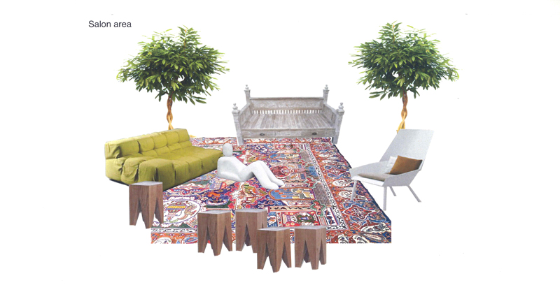 An initial 3-D rendering of the Living Room space.