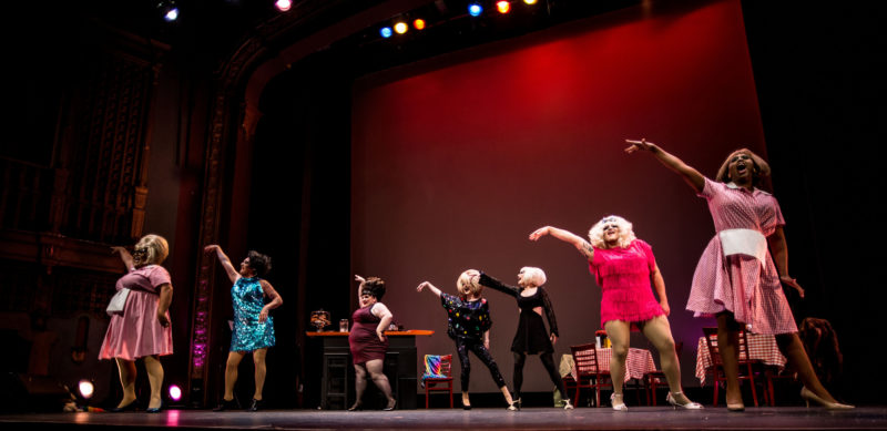 Dulce De Leche, VivvyAnne ForeverMORE!, Kitty Von Quim, Laundra Tyme, Trixxie Carr LOL McFiercen, Honey Mahogany in Daughters of a Riot, May 2016 at Brava Theater. Photo: Robbie Sweeny.