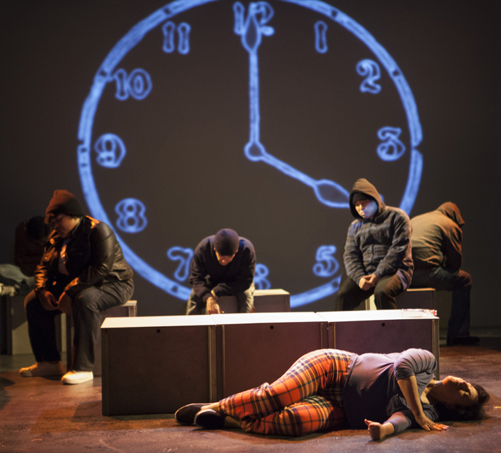 From left to right: Indiia Wilmott, Gendell Hernández, Phil Wong, and Jeri Lynn Cohen in "Don't think." from Word for Word's Lucia Berlin: Stories. Video Art: Naomie Kremer. Photo: Julie Schuchard.