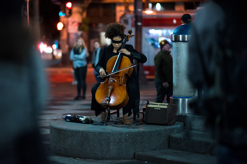 Mia Pixley performs Simone Bailey’s Sway, Clench, Release (Requiem No. 415) at the 16th St. Plaza in the Mission on February 24, 2018. Photo: Hillary Goidell.