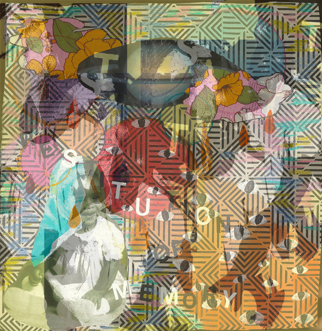 Digital mixed media collage using family photographs and found materials, watercolor, artist crayon; 2018