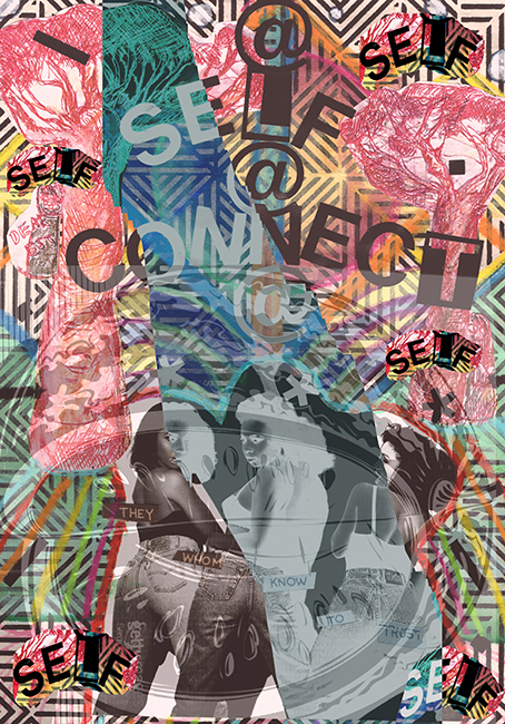 Digital mixed media collage using found photographs and materials, watercolor, artist crayon; 2018