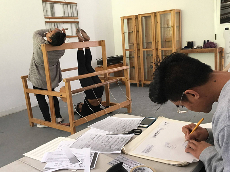 From left to right: Sarah Cargill, Indira Allegra, and Amadeus Regucera workshopping <em>Submission in Five Acts</em> at Mills College. Photo: Melissa Panlasigui.