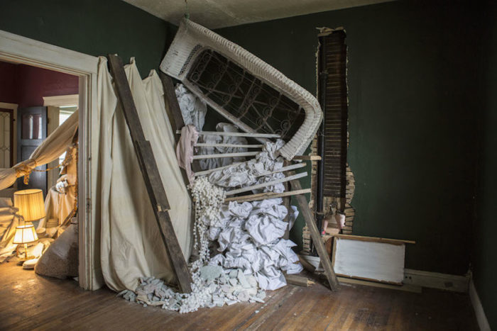 Julie Schenkelberg, Slavic Village, Abandoned Foreclosed Home Project, Rooms to Let, 2014; mixed media; 9 x 6 x 7 ft.