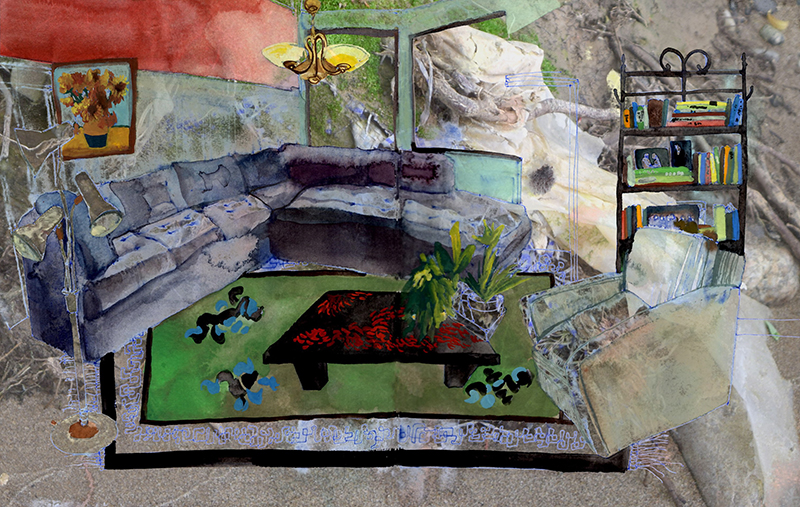Yard sale (living room), mixed media digital collage, 2018.