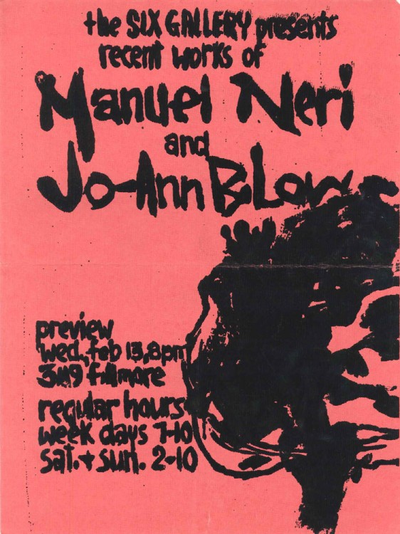 Manuel Neri and JoAnn B.Low, 1957. "I slapped together the simple original in a rush,” Low recalled. "Manuel and I delivered the shocking pink announcement to a fellow student with a print shop who helped without charge.”