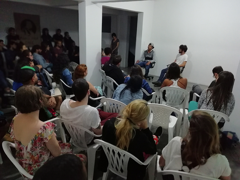 Ivo Aichenbaum and Jhon Martinez speaking to the public at C3P the day the documentary was first screened. Photo credit: Fundación Casa Tres Patios.