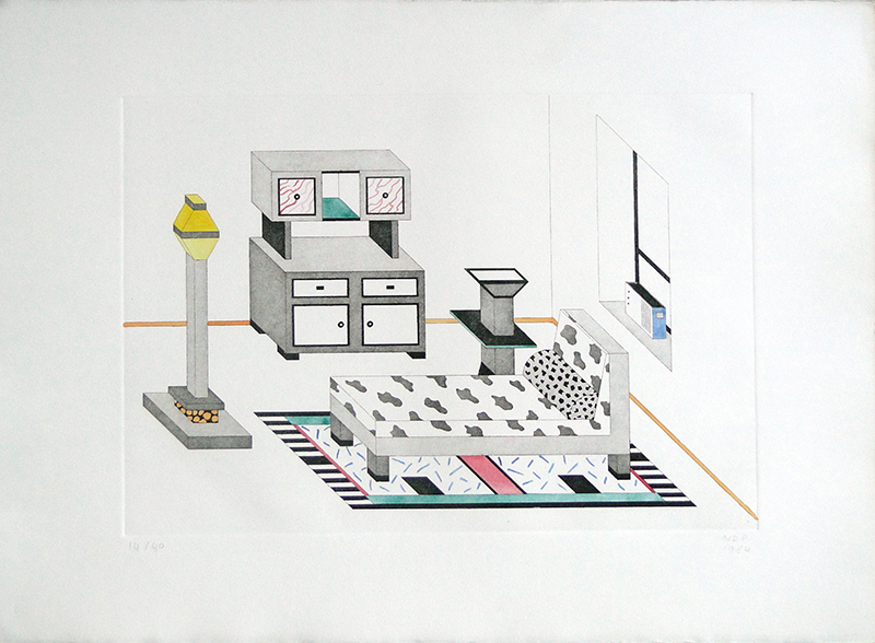 Nathalie du Pasquier, Room with Radio, 1984; etching with watercolor; 19 11/16 in. x 27 9/16 in. (50 cm x 70 cm); Collection SFMOMA Accessions Committee Fund purchase; © Nathalie du Pasquier. Nathalie du Pasquier, Room with Radio, 1984