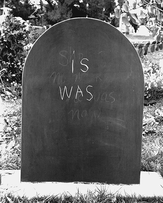 Joyce Burstein, the epitaph project, 1994–ongoing; slate, chalk, cemetery plot. Hollywood Forever Cemetery, Los Angeles, CA.