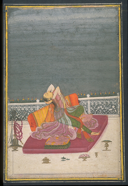 Forlorn woman on a terrace, approx. 1800–1825, by a follower of Chokha (Indian). Ink, opaque watercolors, and gold on paper. Asian Art Museum of San Francisco, Gift of George Hopper Fitch, 2010.474. Photograph © Asian Art Museum of San Francisco.