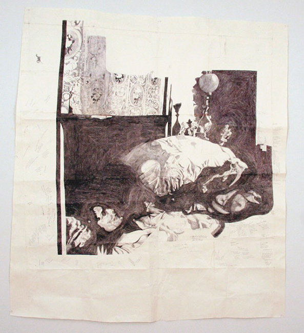 Dawn Clements, Jessica Drummond in Bed (My Reputation, 1946), 2012, Ballpoint pen ink on paper, 61 x 68.5 inches. Courtesy Pierogi and the Clements Family.