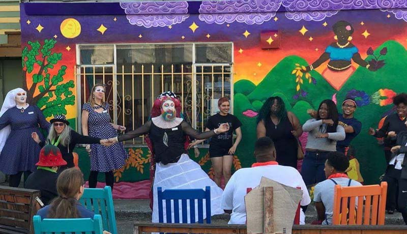 YSA youth with Sisters of Perpetual Indulgence in front of Kirill Zolin's Queer Spirit mural, 2018. Photo: Alejandro Ramos.