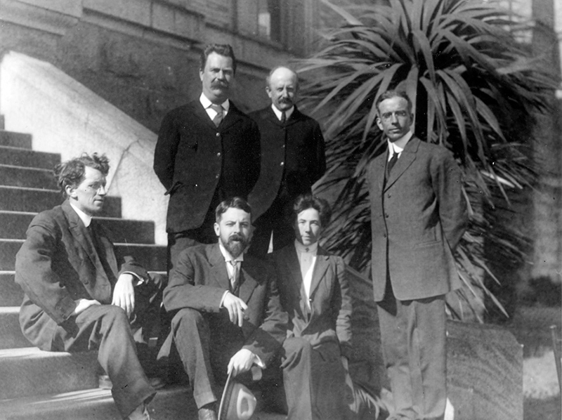 University of California Anthropology Department staff (from left) Seated: Nels C. Nelson, Alfred Kroeber, Ethel G. Field; Standing: Arthur Poyser, Arthur Warburton, Thomas Waterman, San Francisco 1911. Courtesy P.A. Hearst Museum.