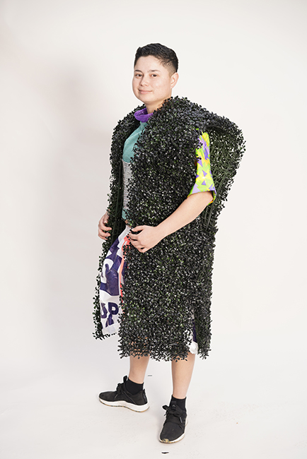 Bonanza, Big Dawg, 2018. Fake moss tiles, spray paint, LoweâsÂŽ Tyvekâ˘, kiddy pool, Mylar bubble wrap, upholstery fabric, gift-wrap ribbon. Photo by Graham Holoch.