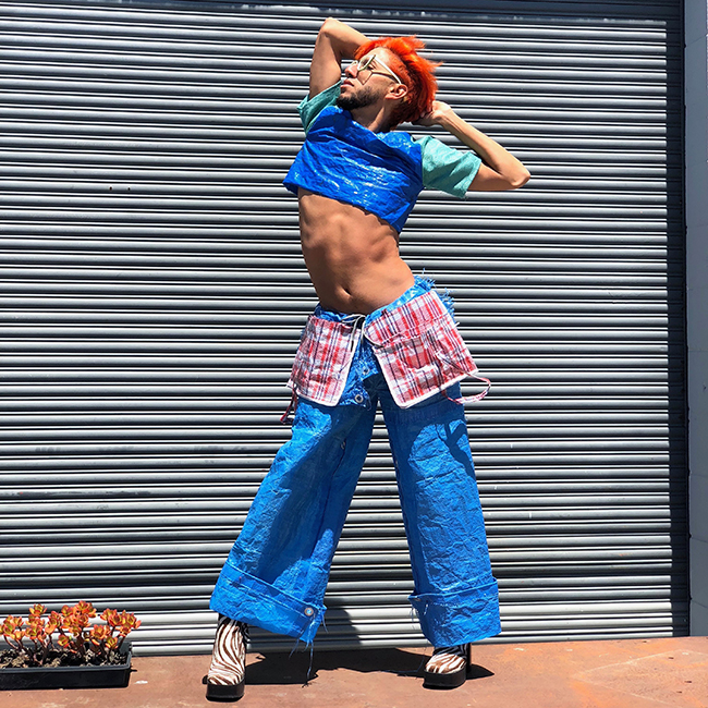 Bonanza, Bob the Builder Pants, 2018. Tarp, fabric, plastic bag. Photo by Bonanza.