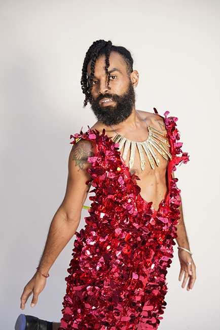 Bonanza, Firefighterâs Ball, 2018. Parade float Mylar, pleather, duct tape, gold watch bands, gold buttons, coaxial cable. Photo by Graham Holoch.