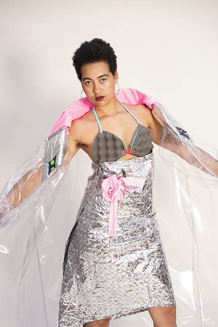 Bonanza, Greetings Earthlings, 2018. Clear vinyl, metallic bubble wrap, pink cotton, Chubbies⢠snaps and drawstrings, metallic diamond quilted wrapping paper, soundproofing egg crate foam, grommets. Photo by Graham Holoch.