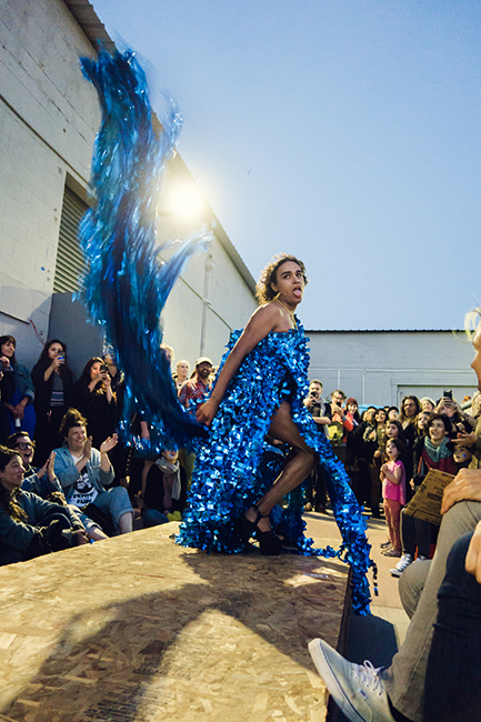 Bonanza, Heart of the Ocean aka Big Blue (parade float prom dress), 2018. Parade float Mylar, yellow rope. Photo by Lenny Gonzalez.