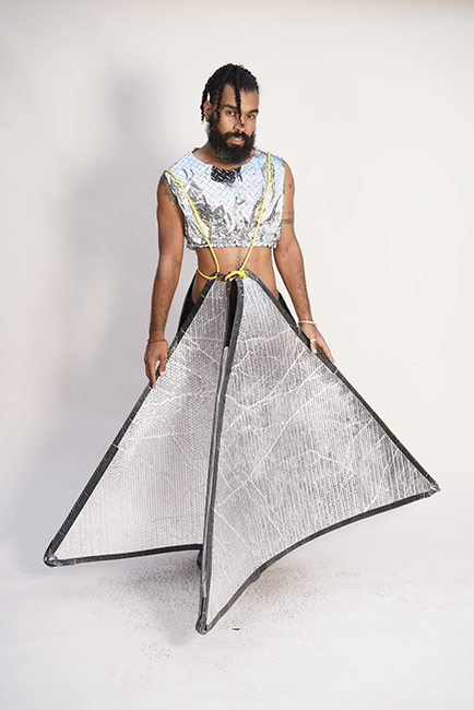 Bonanza, Illuminati Skank Skirt Dress, 2018. Metallic bubble wrap, rope from a childrenâs swing, metallic diamond quilted wrapping paper, elastic. Photo by Graham Holoch.