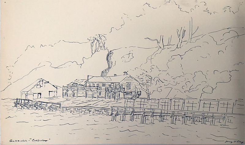Undated pen and ink drawing by Jerry O’Day, picturing the Codfishery wharf from Richardson Bay. From the Dave Lemon and Jerry O’Day collection.