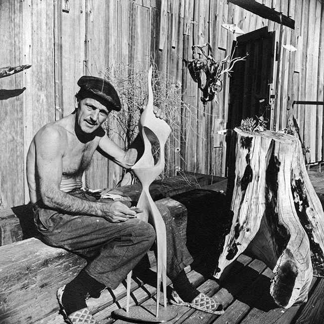 (Portrait of Dave Lemon with untitled sculpture, late forties, early fifties. Photographer unknown. From the Dave Lemon and Jerry O’Day collection.