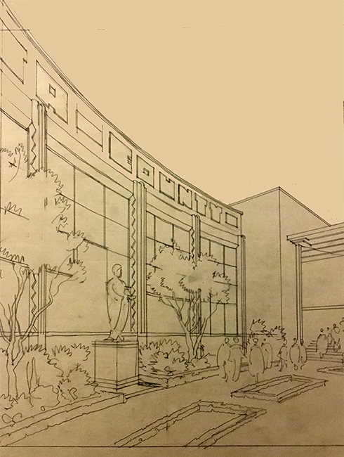Architectural rendering of the Alameda-Contra Costa County Building. Lemon worked on ornamentation and bas reliefs for this 1939 International Exposition building. Courtesy the Environmental Design Archives, UC Berkeley.